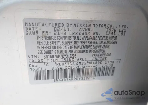 2019 Nissan Sentra Sv из США, поврежденный, VIN 3N1AB7AP7KY312296